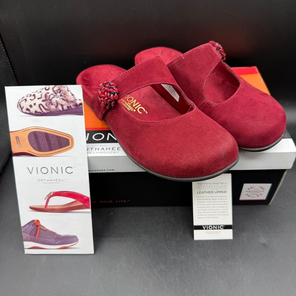 Vionic Joan‎ Mary Jane Mule Womens Size 8 Merlot Suede Beaded Orthotic Comfort